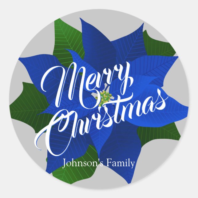 Sticker Rond Joyeux Noël - Bleu Poinsettia Noël (Devant)