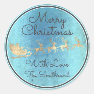 Sticker Rond Joyeux Noël Bleu Russe Père Noël Reindeer Sleig