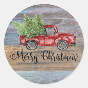 Sticker Rond Joyeux Noël Bois Rustique Et Chariot Rouge
