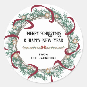 Sticker Rond Joyeux Noël Bonne année de couronne et ruban
