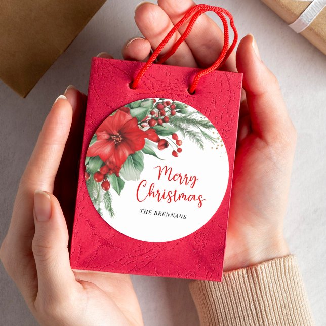 Sticker Rond Joyeux Noël Botanique Fête Rouge (Merry Christmas Botanical Red Holiday Classic Round Sticker)