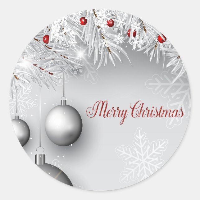 Sticker Rond Joyeux Noël, Boules d'Argent, Branches, Snowflakes (Devant)