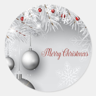 Sticker Rond Joyeux Noël, Boules d'Argent, Branches, Snowflakes