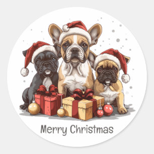Sticker Rond Joyeux Noël Bulldogs français Santa Hat