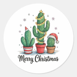 Sticker Rond Joyeux Noël Cactus Arbre Lumineux Noël Fête
