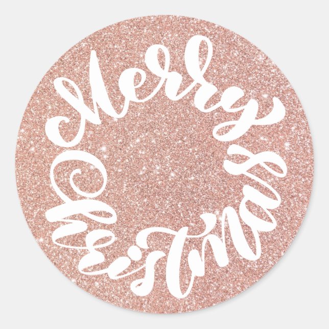 Sticker Rond Joyeux Noël Calligraphie Rose Gold Pailleté (Devant)