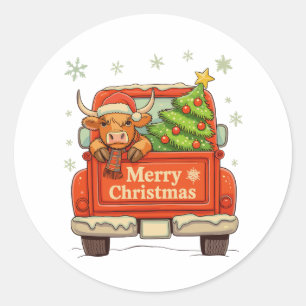Sticker Rond Joyeux Noël Camion Highland Cow Arbre Noël Cosy