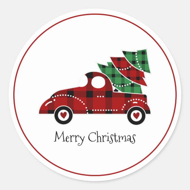 Sticker Rond Joyeux Noël Camion Rouge Antique Fêtes (Devant)