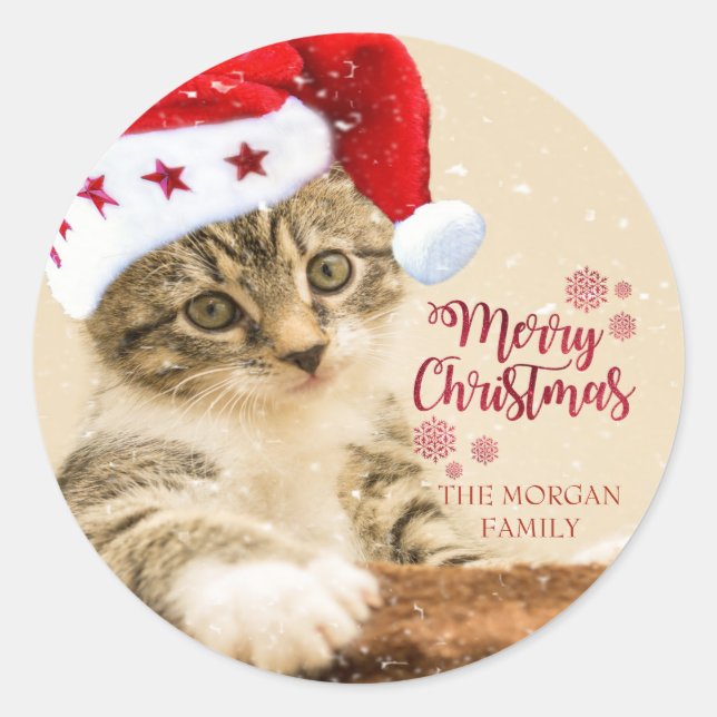Sticker Rond Joyeux Noël, Chat avec chapeau de Père Noël (Devant)