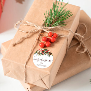 Sticker Rond Joyeux Noël chic floral vert vert pin rouge floral