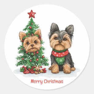 Sticker Rond Joyeux Noël Chiens Yorkie