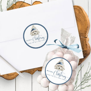 Sticker Rond Joyeux Noël, Chiot Festif, Bleu et Blanc