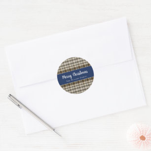 Sticker Rond Joyeux Noël classique Plaid Bleu Blanc