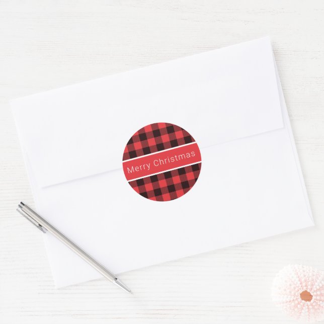 Sticker Rond Joyeux Noël classique Rouge et noir Buffalo plaqué (Enveloppe)
