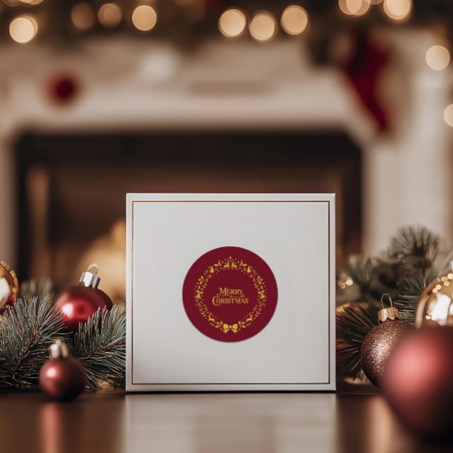 Sticker Rond Joyeux Noël Classique Rouge nordique (Merry Christmas Classic Nordic Red Holiday Classic Round Sticker)