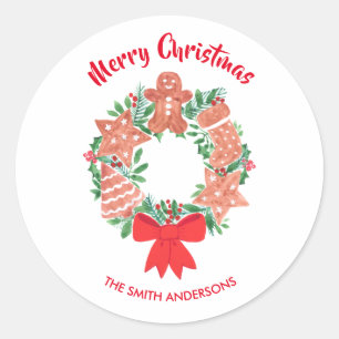 Sticker Rond Joyeux Noël Cookie Wreath Nom personnalisé