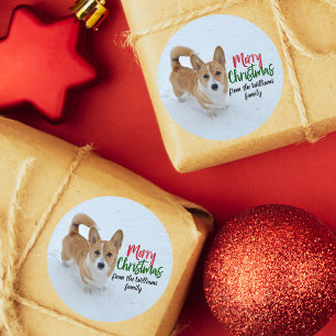 Sticker Rond Joyeux Noël Corgi neige Photo Belle personnalisé