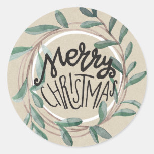 Sticker Rond Joyeux Noël Couronne de feuilles botaniques en kra