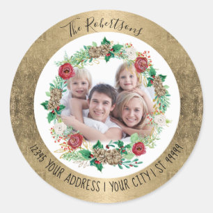 Sticker Rond Joyeux Noël Couronne de feuilles d'or avec photo e