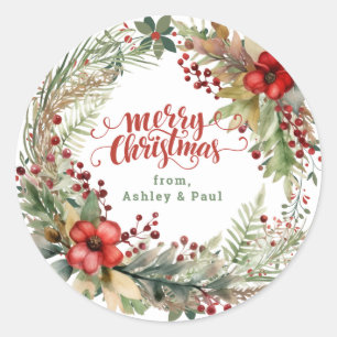 Sticker Rond Joyeux Noël Couronne personnalisée de vacances