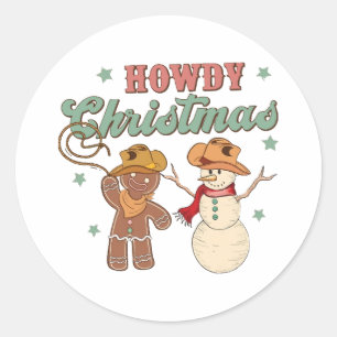 Sticker Rond Joyeux Noël Cowboy Bonhomme de Neige Western Drôle