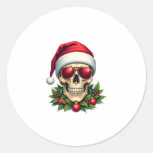 Sticker Rond Joyeux Noël Crâne de Sucre Chapeau de Père Noël Fa