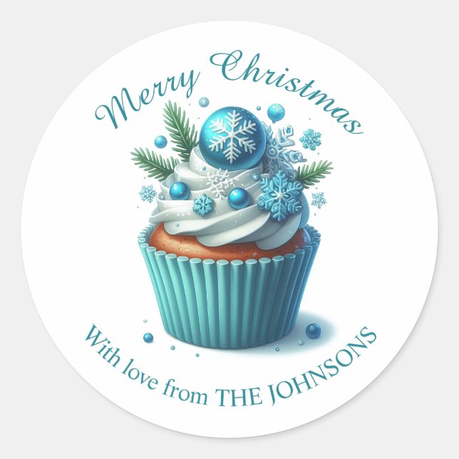 Sticker Rond Joyeux Noël Cupcake bleu avec chevalet d'amour (Devant)