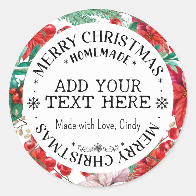 Sticker Rond Joyeux Noël Custom Rouge Floral Maison (Devant)