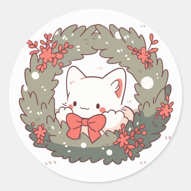 Sticker Rond Joyeux Noël Cute Kitty Chat (Devant)
