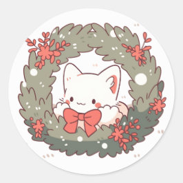 Sticker Rond Joyeux Noël Cute Kitty Chat