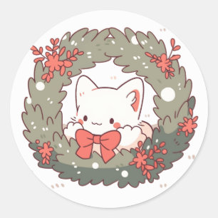 Sticker Rond Joyeux Noël Cute Kitty Chat
