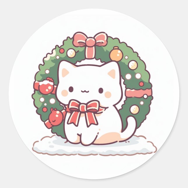 Sticker Rond Joyeux Noël Cute Kitty Chat (Devant)