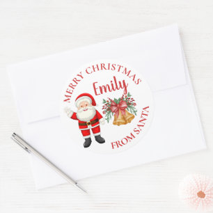 Sticker Rond Joyeux Noël Cute Santa Baies Rouges Cloche Nom