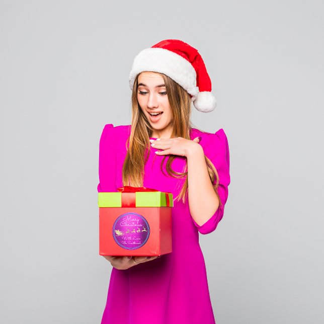 Sticker Rond Joyeux Noël de Père Noël Reindeer rose nuit (Merry Christmas From Santa Reindeer Sleight Pink Classic Round Sticker)