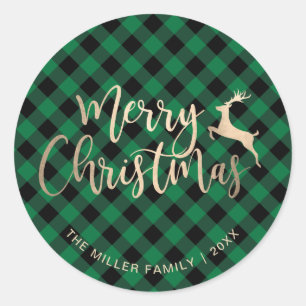 Sticker Rond Joyeux Noël d'or Noir & Vert Plaid