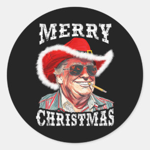 Sticker Rond Joyeux Noël Drôle Trump Western Cowboy Matchin