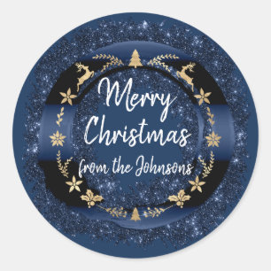 Sticker Rond Joyeux Noël du nom Blue Navy Gold Wreaths
