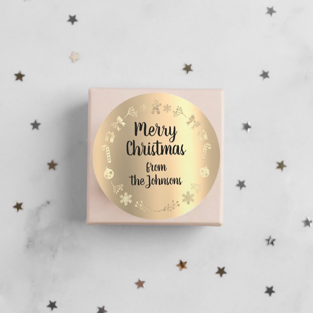 Sticker Rond Joyeux Noël du nom Gold Reindeer Wreath (Merry Christmas From Name Gold Reindeer Wreath Classic Round Sticker)