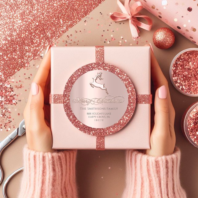 Sticker Rond Joyeux Noël du Rose RSVP Deer Pink (Merry Christmas From RSVP Rose Deer Pink Classic Round Sticker)