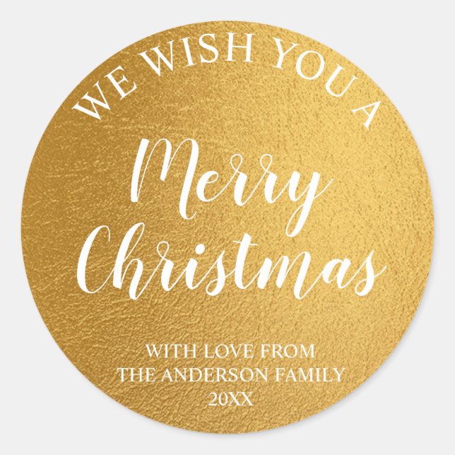 Sticker Rond Joyeux Noël écriture blanche et feuille d'or (Devant)
