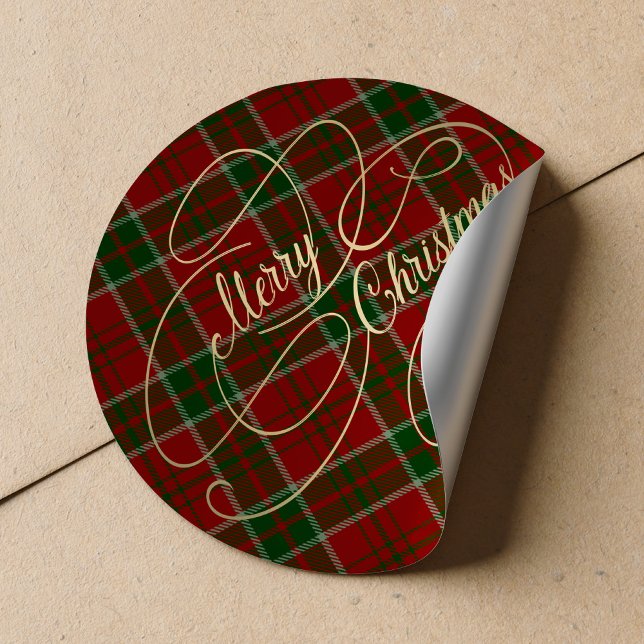 Sticker Rond Joyeux Noël écriture dorée carreau tartan rouge ve (Créateur téléchargé)