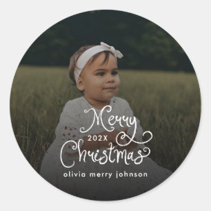 Sticker Rond Joyeux Noël Écriture Fantaisiste  Photo de bébé 