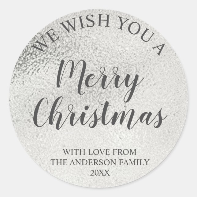 Sticker Rond Joyeux Noël écriture grise et feuille d'argent (Devant)