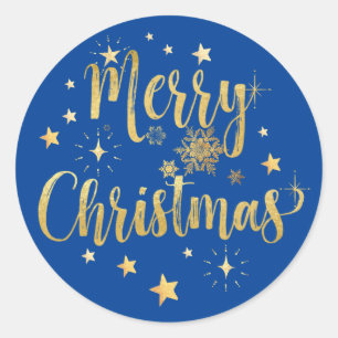 Sticker Rond Joyeux Noël Ecriture Or Étoiles Snowflakes Bleu