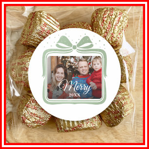 Sticker Rond Joyeux Noël Élégant Nœud Cadeau Photo Collage