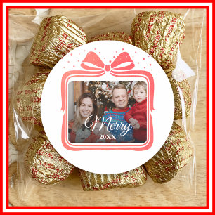 Sticker Rond Joyeux Noël Élégant Nœud Cadeau Photo Collage