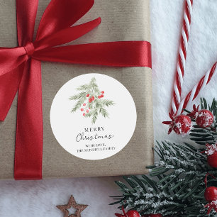 Sticker Rond Joyeux Noël Élégant Pin et Baies Rouges