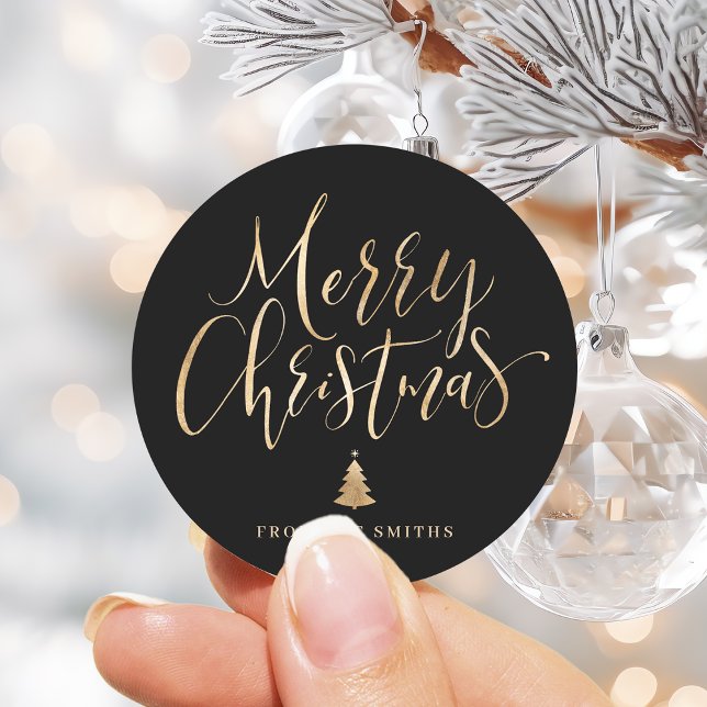 Sticker Rond Joyeux Noël en calligraphie simple noir et or (Black and Gold Simple Calligraphy Merry Christmas Classic Round Sticker)