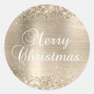 Sticker Rond Joyeux Noël en feuille de Champagne pailletée