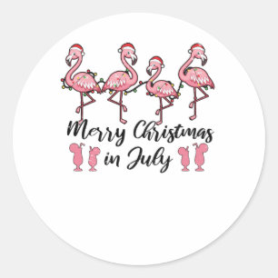 Sticker Rond Joyeux Noël En Juillet Flamant rose Été Cocktail